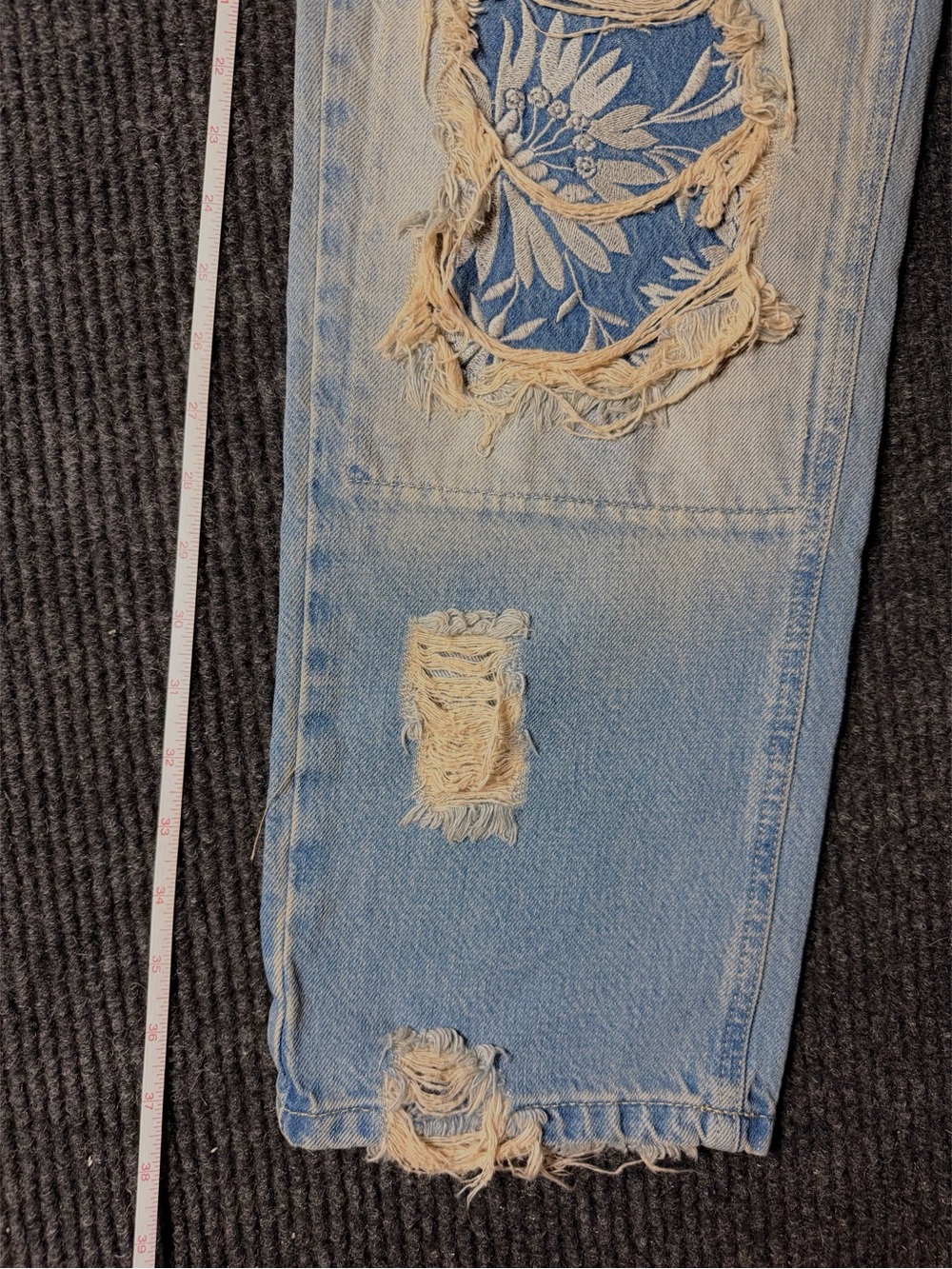 Free People Light Blue Distressed Ankle Jeans with Floral Patch Inset - Picture 3 of 6